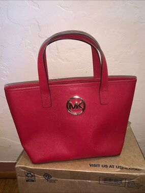 Michael Kors Red Saffiano Leather Mini Tote with Gold MK Logo